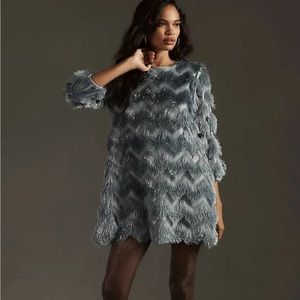 Anthropologie Hutch Fringe Mini Shift Dress Sky Blue L NWT